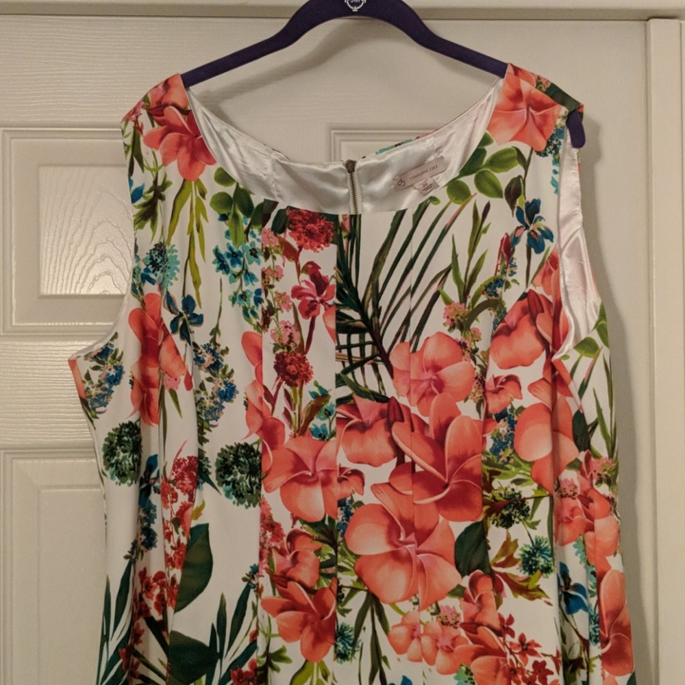 Coral, floral dress